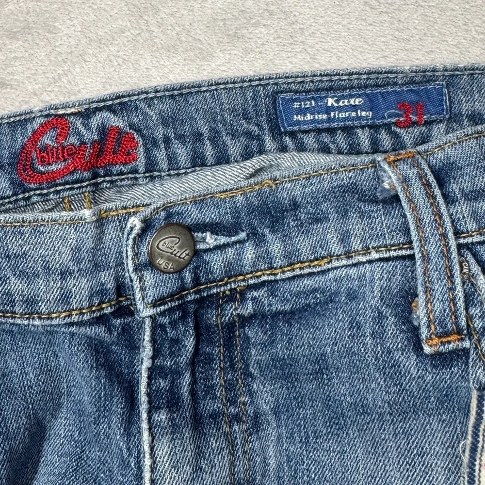 Y2K Blue Cult Midrise Kate Flare Patchwork Denim Distressed Blue Jeans Size 31